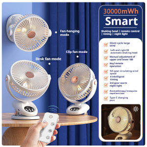 30000mAh Clip-On Desk Fan with LED Light 5-Speed Ultra Quiet Brushless Motor USB-C Rechargeable Portable Air Circulator for Home/Office/Outdoor
