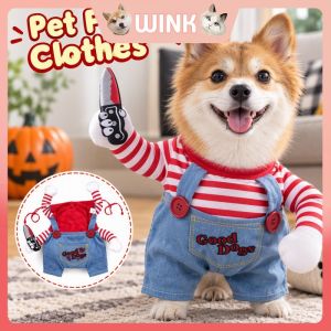 Dog Halloween Costume Chucky Style Funny Standing Outfit With Wig Hat Toy Knife For Party