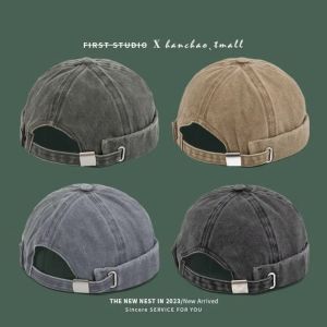 MAYIT Distressed Denim Denim Cap Solid Color Adjustable Hip Hop Hat Fashion Brimless Cap