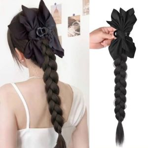 ERYRG มวยถักเปีย วิกผมสไตล์จีนติดโบว์ หางม้าต่ำ Hanfu ค่ะ วิกผมถักเกลียว วินเทจ ชุดกี่เพ้าของจีน วิกผมหางม้า สำหรับผู้หญิง