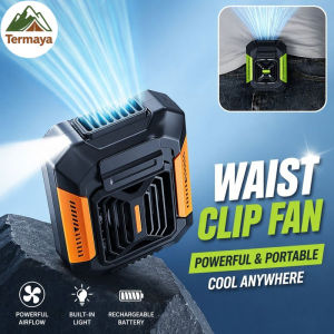 Termaya Portable Waist Fan Hanging Neck Fan with Light USB Rechargeable Mini Clip Fan Kipas Outdoor Travel
