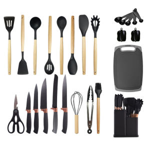Silicone Kitchen Utensils 25PCS Knife Sets Spatulas Slotted Turner Non-Stick Shovel Wooden Handle Cooking Tools Black