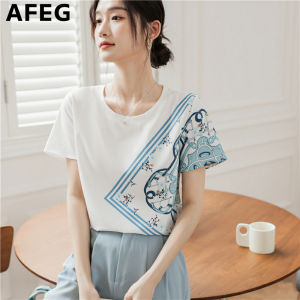 AEFG new Korean version round neck fashion loose all-match printed chiffon stitching cotton short-sleeved womens T-shirt