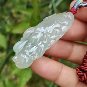 Icy with good translucent glossy texture Natural Type A Jadeite Pendant Necklace Crafted with Monkey on Chayote symbols of Golden Monkey Brings Longevity and Double Blessings certificate included weigh 16.84 grams 44 * 21.3 * 11.8 mm collectible jade