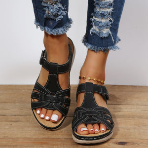 [Free Shipping] Summer retro womens sandals with stitching soft sole large size round toe wedge heel in stock