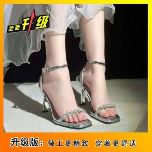 Free Shipping 2026 New Style Stiletto Heel Rhinestone Strappy High Heels For Women Silver Stiletto Heel Sandals
