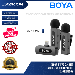 BOYA BY-V2 / V20 (V2.0) 2.4GHz Omnidirectional Wireless Microphone – Type-C / Lightning (100m Range / 9H Battery Life / One-Click Noise Cancellation)