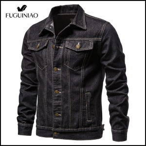 FUGUINIAO ผ้าฝ้าย2022แจ็คเก็ตยีนส์ผู้ชายสบายๆสีทึบปกเดี่ยวกระดุมกางเกงยีนส์แจ็คเก็ตผู้ชายฤดูใบไม้ร่วงสลิมฟิตคุณภาพบุรุษแจ็คเก็ต
