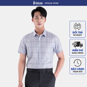 Áo sơ mi ngắn tay nam Vulcano sợi tre cao cấp phom slim kẻ caro màu xám xanh màu ghi màu xanh navy 4029