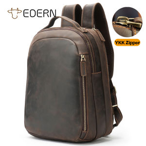 EDERN Retro Crazy Horse Leather Backpack for Men Large Capacity 14-inch Laptop Bag Mens Travel Backpacks YKK Zipper Cowhide Schoolbag