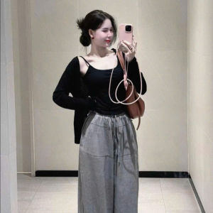 Set 3 món basic mặc hè đồ nữ thiết kế xinh áo trong 2 dây ôm kèm áo khoác ngoài tay dài mix quần dài rộng trẻ trung