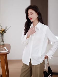 AMMIN 2025 Spring New French Style Lapel White Single-Breasted Commuter Chiffon Blouse for Women Korean Style Unique Ruffle Patchwork Design Long Sleeve Elegant Blouse