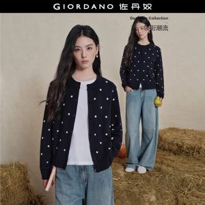 Giordano Women Contrast polka dot crewneck cardigan Free Shipping 18356721