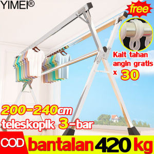 【Tidak diperlukan instalasi】YIMEI Jemuran Baju besi stainless 240cm Lipat Jemuran pakaian Gantungan baju Menebal 3 tiang Tikar anti selip gratis Braket tripod bantalan beban ganda Untuk indoor balkon outdoor(jemuran stainless jumbo kuat rak pengeringan)