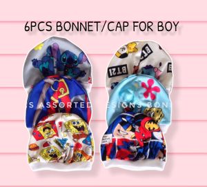 6 pcs ASSORTED DESIGN Bonnet / cap for newborn Baby terno set