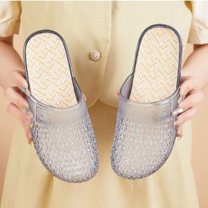 Free Shipping Fashionable Hollow Crystal Sandals For Women Summer Transparent Outdoor Wear Closed-Toe Slip-On Sandals Flat Heel Versatile Beach Style