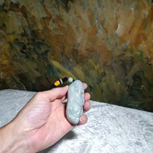 Type A Jadeite light bluish greenish Long Eyebrows Arhat (Pindola Bharadvaja) large size Jade handheld (with certificate) [Natural Crystal] 翡翠淡蓝绿长眉罗汉大手把(带证书)