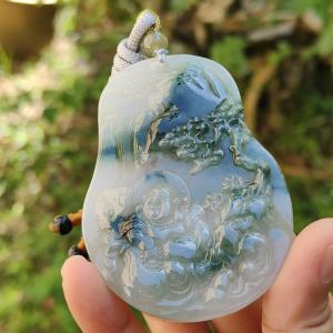 Premium Rare Semi Icy Natural Type A Jadeite crafted with Scenery and Laughing Buddha certificate included weigh 51.59 grams 71.8 * 53.1 * 7.5 mm collector item (pendant51)