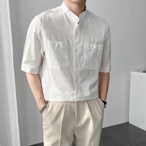 Linen Shirt Mens Stand Collar Polo Shirt Summer Five-quarter Sleeve Casual Office Men Beach Short Sleeve White Shirt