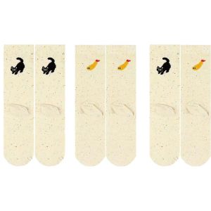 3Pairs Vintage Cats and Fish Tube Socks Cute Colorful Cartoon Kitty Fish Dot Pattern Mid-Tube Socks Soft Breathable Crew Sock