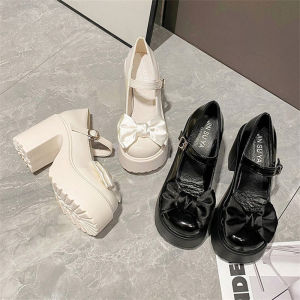 รองเท้าแมรี่เจนสีดำแพลตฟอร์ม jk รองเท้าแมรี่เจนหัวกลมมีส้น รองเท้าส้นสูงแฟชั่นสำหรับผู้หญิง