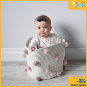BabyBoss Cotton Woven Storage Basket Toy Organizer Bin with PomPom Beg Simpanan Bakul Tenunan
