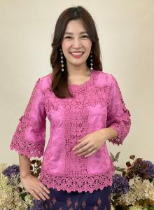 เสื้อลูกไม้ [1868#] Size : 38"-52" เสื้อลินินเสื้อออกงานเสื้องานแต่งเสื้อไปวัดเสื้อลูกไม้หรูเสื้อคนอ้วนเสื้อลูกไม้สวย