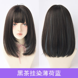 Hair Extension Human Hair Washable Black Long Straight Wig Blue Bangs Dyed Wig Synthetic Heat Resistant Full Wig Natural Realistic Wig for Women