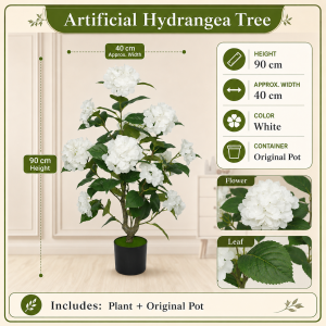 Artificial Hydrangea Tree Faux Flower Plant with Pot Woven Basket Indoor Home Office Decor