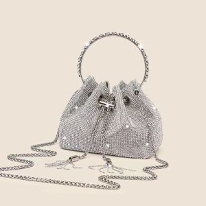Diamonds Tassel Evening Clutch Bag Women Luxury Crystal Rhinestone Shoulder Bag Chain Metal Ring Handle Shiny Bucket Purse Bridal Wedding Party