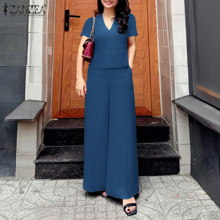 Fancystyle ZANZEA Women Holiday Short Sleeve V-Neck Top Long Pants