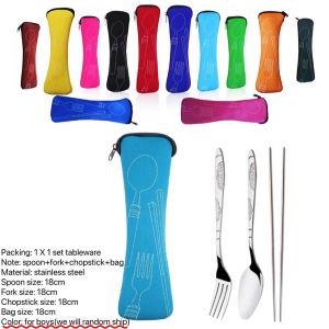 3pcs set korean cutleryspoonforkchopstickbag/case/pouch with zipperfree casekorean cutlery setstainless steel tablewaresilverwarekitchen utensilsBINLU