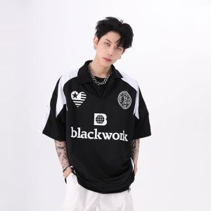 IELGY American Style Retro Motorcycle Style Polo Shirt Short Sleeve Mens Loose Summer Printed T-Shirt