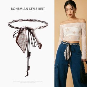 NOBLELUX Vintage Design Silk Scarf Woven Belt Bohemian Style Wood Bead Tassel Flower Waist Chain Fashionable Belt Braided Detail Decorative Waist Rope With Skirt
