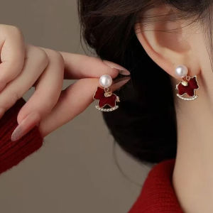 Fashionable Ring Gift 红色新款植绒小马珍珠耳钉女耳环高级感轻奢红色耳饰气质百搭耳饰