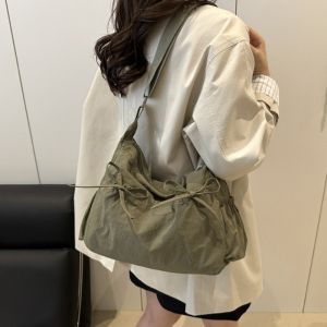 Casual Pleated Bow Crossbody Bag Multiple Pockets Solid Color Nylon Shoulder Bag Korean Style Lightweight Hobo Bag Girls2026
