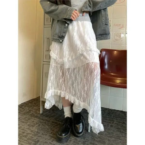 324Deeptwon White Lace Asymmetrical Skirt Women Fairycore Sweet Vintage Mid Irregular Skirt Korean Style Aesthetic Ruffle Skirts