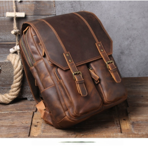 กระเป๋าสะพายหลังสไตล์วินเทจความจุใหญ่ทำจากหนังวัวแท้สีน้ำตาล