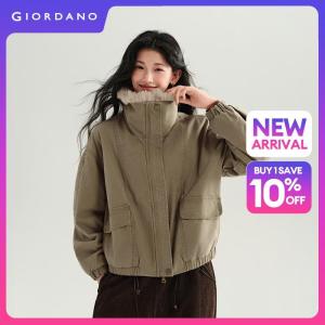 GIORDANO Women Jackets Detachable Faux Fur Collar Jackets Flap Pockets Fashionable Casual Loose Padded Jackets 18376918