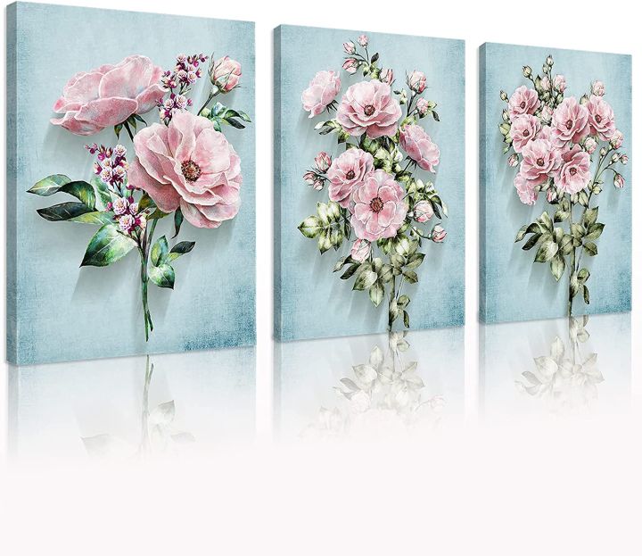 3 Piece Pink Flowers Canvas Wall Art Modern Plant Floral Poster Prints ...