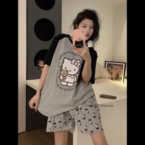 2Pcs Summer Sanrio Hello Kitty Womens Sleepwear Suit Short Long Casual Cartoon Womens Pajamas Homewear Comfortable Pajamas