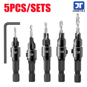 JIANTAI 5PCS/SETS HSS Drill Bit Countersink Wood Drill Bit Set Cordless Step Drill Bits for Metal Woodworking #5 #6 #8 #10 #12(Silver)