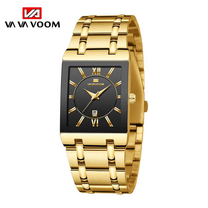 VAVAVOOM Luxury Gold Full Steel Watches Mens Square Quartz WristWatch ...