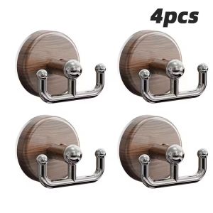 4Pcs Suction Cup Wood Grain Double Hooks No Drill Wall Hangers for Bathroom Kitchen Clothes Towels Multi Purpose Space Saving Organization