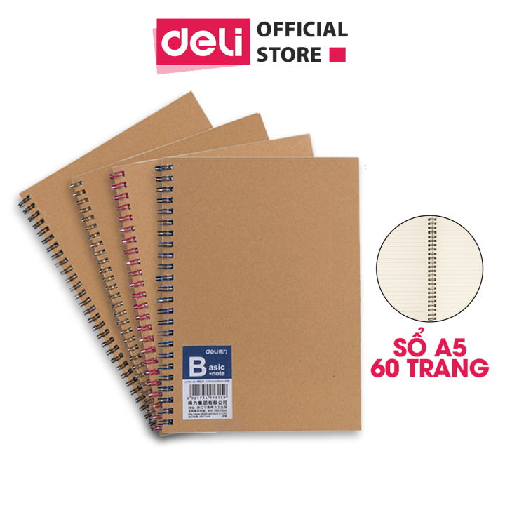 Combo 4 cuốn sổ tay ghi chép A5 gáy xoắn 120 trang Deli - Giấy kẻ ngang ...