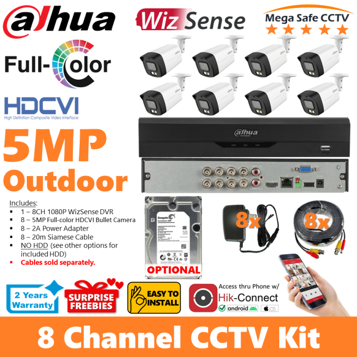Dahua 8CH 5MP 8Cameras Full Color HDCVI Bullet Camera Outdoor WizSense 8CH  DVR DIY CCTV Package Complete Kit Mega 8/8CRV5 PA (with optional HDD)