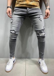 Celana Panjang Jeans Bahan Denim Model Ripped Style Warna Abu abu