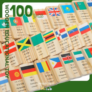 Hntob Wooden 100pcs Multilingual National Flag Domino Understanding World Early Education Toy