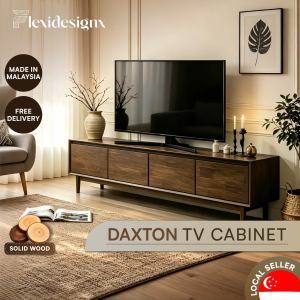 Flexidesignx DAXTON Solid Wood Living Room TV Console 4 Doors Fits 75 Inch TV Walnut Tv Cabinet