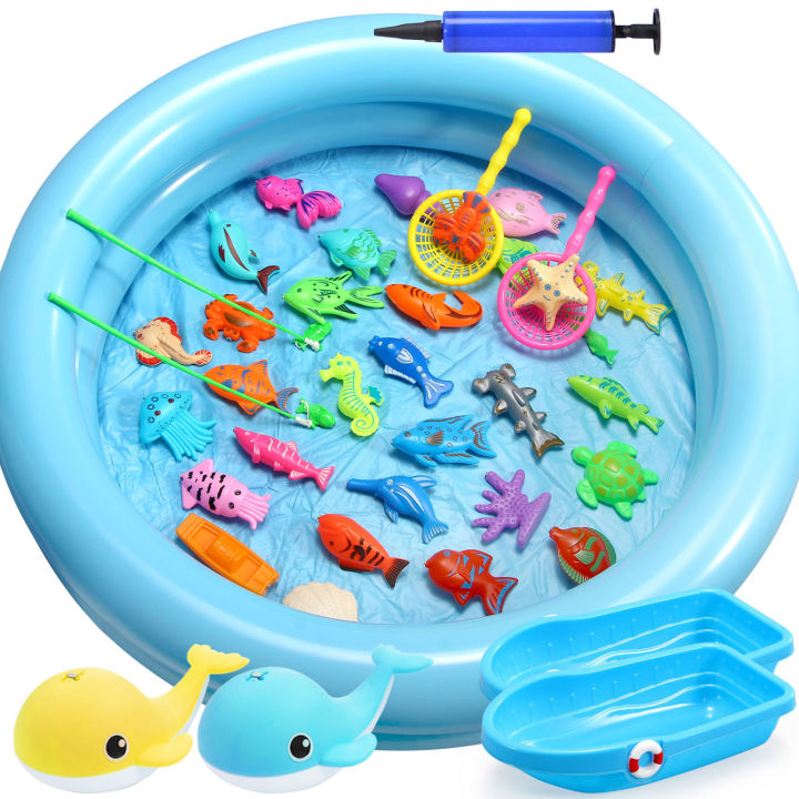 Fun Little Toys 42PCs Magnetic Fishing Toys with 11 in Fishing Pool, 2  Fishing Rodes, 29 Fishes and 7 Sea Animals with Light, Toddler Bath Toys,  Water Toys Fishing Game for Kids